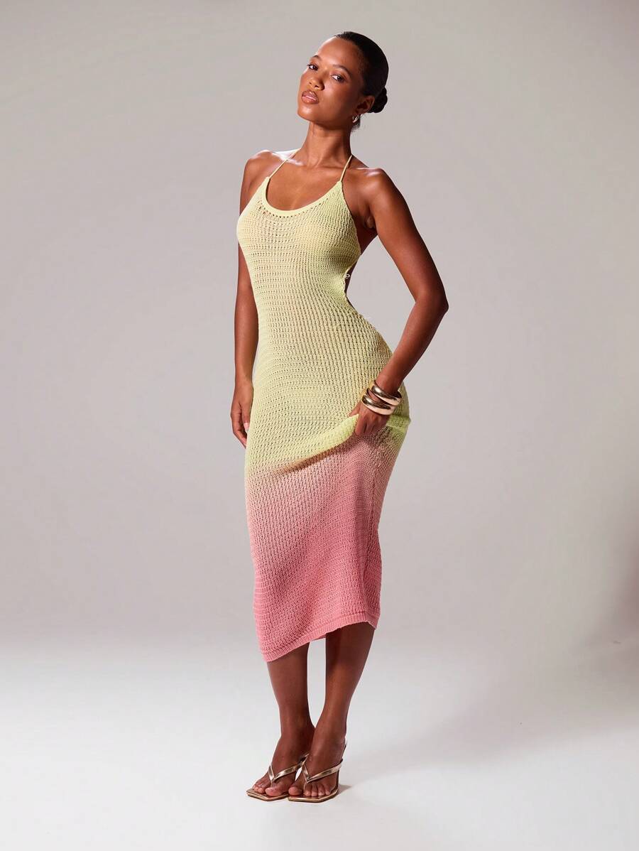 MUSERA 露背钩针轻质针织吊带修身渐变色连衣裙伊比沙岛性感假期春夏节日狂欢沙滩装，适合女性婚礼宾客、优雅、约会之夜、圣诞节秋冬 - 彩色 - 查看 1