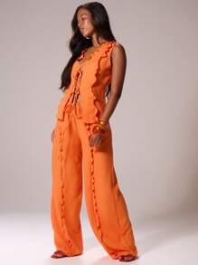 MUSERA Double Tie Linen Look Front Frill Trim Longline Sleeveless Top Only Ibiza Sexy Vacation Holiday Festival Beachwear Romantic Elegant Birthday Wedding Guest Going Out Top Fall Party  ,Elegant