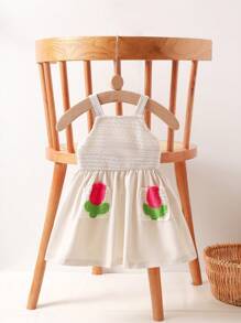 Baby Girls 2025 Summer New Embroidery Strap Dress + Strawberry Embroidery Fake Pocket Design - White - View 4