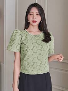 DAZY 女士优雅宝石领泡泡袖串珠婚礼宾客T恤工作女装复活节 - 綠色 - 查看 5