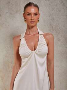 COSMINA Vestido corto de verano para mujer con cuello de halter y espalda descubierta - Beis - Ver 4