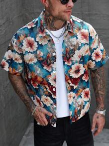 Manfinity Homme Floral Print Front Button Casual Short Sleeve Shirt For Men - Multicolor - View 3