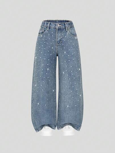 SHEIN Pantalones vaqueros con aplicaciones de strass estilo Y2K para niñas preadolescentes, pantalones vaqueros de ajuste holgado y pierna acampanada, de tela vaquera suave y de moda casual
