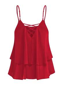 SHEIN Clasi Chiffon Double Layer Cross Back Slim Camisole - Red - View 2