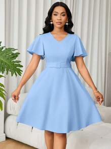 Lunelith SHEIN Lunessa 女式优雅简约纯色荷叶边袖 A 字连衣裙，夏季 - 藍色 - 查看 5