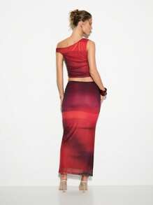 KIZN Modernes Mesh-Outfit mit Two-Piece, transparent für Club-Partys, Set mit Off-Shoulder Crop-Top und Maxi-Rock für besondere Anlässe und Events