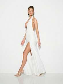 KIZN 低胸露背晚礼服褶皱侧开叉优雅长裙婚礼宾客正式舞会毕业舞会特殊场合及地长裙