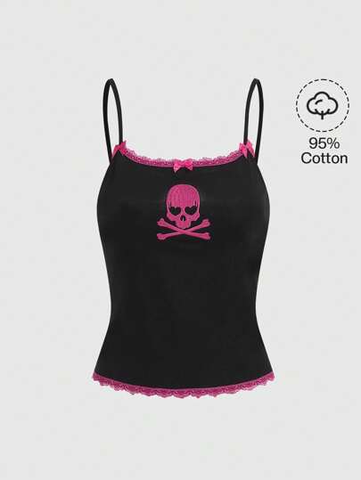 Kawaii Top de tirantes de cráneo con bordado con encaje en contraste con diseño de lazo