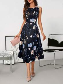 SHEIN Clasi Women's Elegant Black Floral Print Midi Dress With Round Neck And Short Sleeves