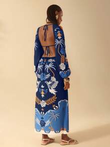 CAJUNI Vestido de estilo vacacional con espalda descubierta, tirantes con lazo y estampado tropical de árboles de coco, loros y plantas, manga larga, para mujer - Multicolor - Ver 3