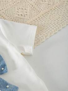 Elladie kids Girls Casual Fashionable Daily Crew Neck Short Sleeve 3D Bow Pearl Decor T-Shirt And Elastic Waist A-Line Denim Skirt Set Summer Holiday