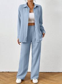 SHEIN PETITE 2pcs Women Solid Color Long Sleeve Shirt And Pants Set