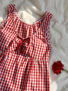 SHEIN EZwear 女士夏季甜美度假风红白格子上衣，褶皱设计，带蝴蝶结装饰 - 紅色 - 查看 5