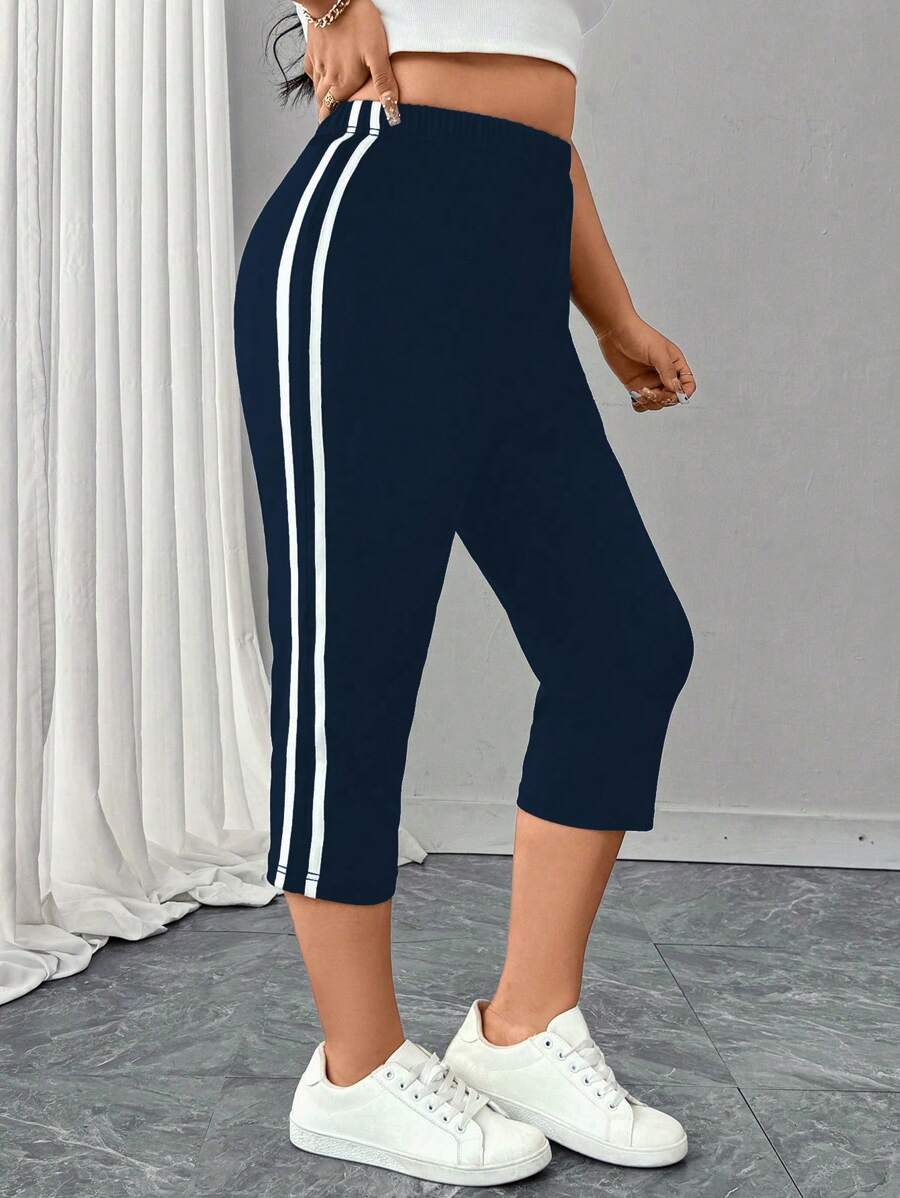 EMERY ROSE Plus Size Women Striped Casual Skinny Stretchy Slimming Sports 3/4 Leggings, Spring/Summer - Navy Blue - View 1