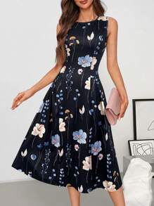 SHEIN Clasi Women's Elegant Black Floral Print Midi Dress With Round Neck And Short Sleeves