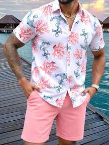Manfinity RSRT 2pcs Men's Anchor & Coral Casual Leisure Vacation Short Sleeve Shirt And Shorts Set, Cozy Outfits - Pink - View 3