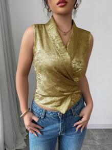 Chiquease 女士优雅纯色交叉露背无袖衬衫 - 金色 - 查看 5