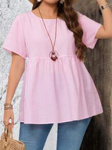 EMERY ROSE Blusas casuales de manga corta con cuello redondo y estampado de rayas, apropiadas para el verano, tallas grandes - Rosa Pálido - Ver 1