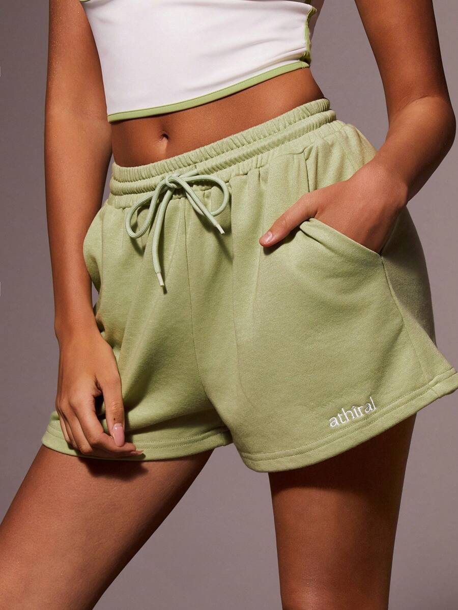 Athîral Casual Letter Embroidery Drawstring Waist Sports Shorts - Green - View 1