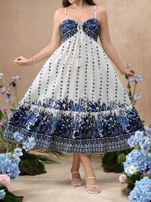 Flirla Plus Size Spaghetti Strap Open Shoulder Tasseled Tie Detail Floral Dress, Sundress For Spring/Summer Vacation - Multicolor - View 4