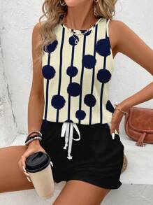 SHEIN LUNE 女士波尔卡圆点印花无袖圆领背心和短袖两件套，适合夏季