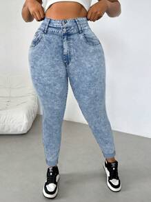 SHEIN EZwear Plus Size Blue Stretch Skinny Jeans, Winter High Waisted Summer Vacation Cowgirl Western Festival Y2k Cowboy Streetwear Gyaru 2000s Jeans - Blue - View 5