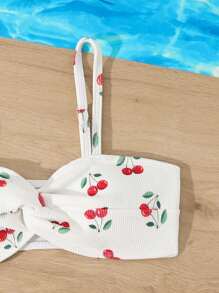 Teen Girl Cherry Print Twist Swimsuit Set, Random Print - Multicolor - View 3