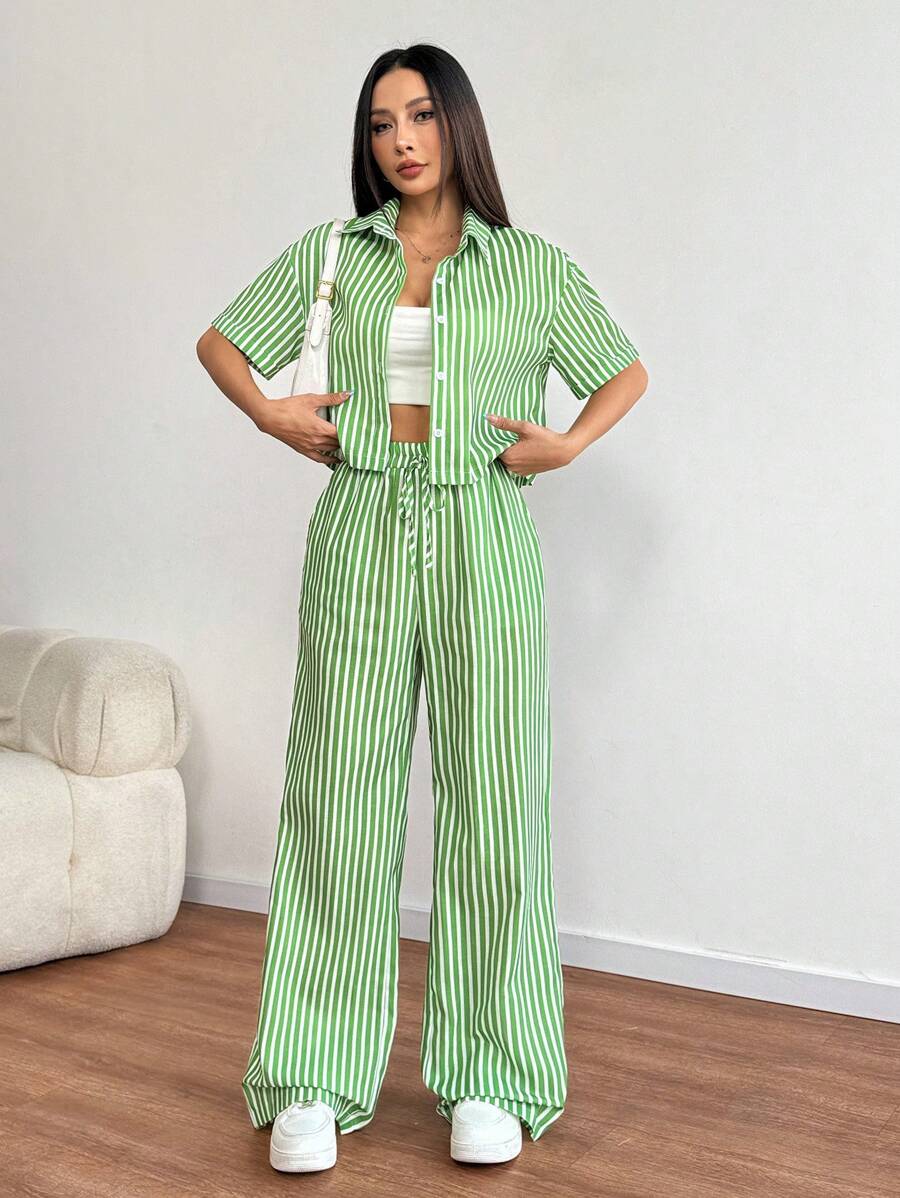 Flirla Women Striped Short Sleeve Top And Solid Color Pants Set ...