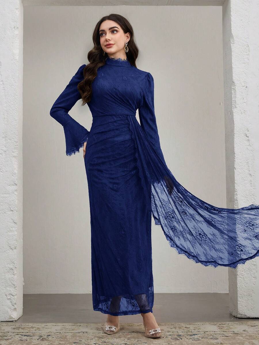 Graceveil 女式优雅端庄奢华蕾丝喇叭袖梭织长裙 - 藏蓝色 - 查看 1