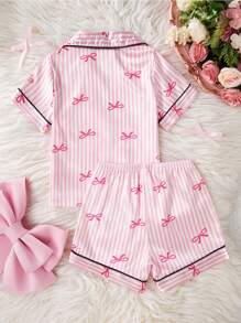 Young Girl Pajamas Pink Bow Striped Satin-Like Trim Colorblock Short Sleeve & Shorts Nightwear Set, Fashion Lapel Casual Homewear Back To School Fashion