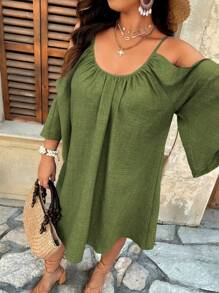 SHEIN Holidaya Plus Size V-Neck Cinched Waist Pleated Slit Flared 3/4 Sleeve Casual A-Line Midi Dress Women Women Dresses Birthday Women Plus Sun Dress Women Short Dresses Summer Women Casual Dress Women Plus Clothing Business Casual Women S White Dress Work Summer Dresses Women Dresses Elegant Gown