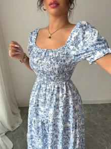 Selianne 2025 Spring/Summer New French Style Ditsy Floral Square Collar Puff Sleeve Waist Cinched Short Sleeve Patchwork Loose Midi Dress - Blue and White - View 5