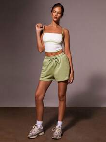 Athîral Casual Letter Embroidery Drawstring Waist Sports Shorts - Green - View 2