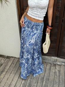 SHEIN Unity Women's Casual Bohemian Printed A-Line Long Skirt, Suitable For Spring/Summer Holiday Wear - Navy Blue - View 4