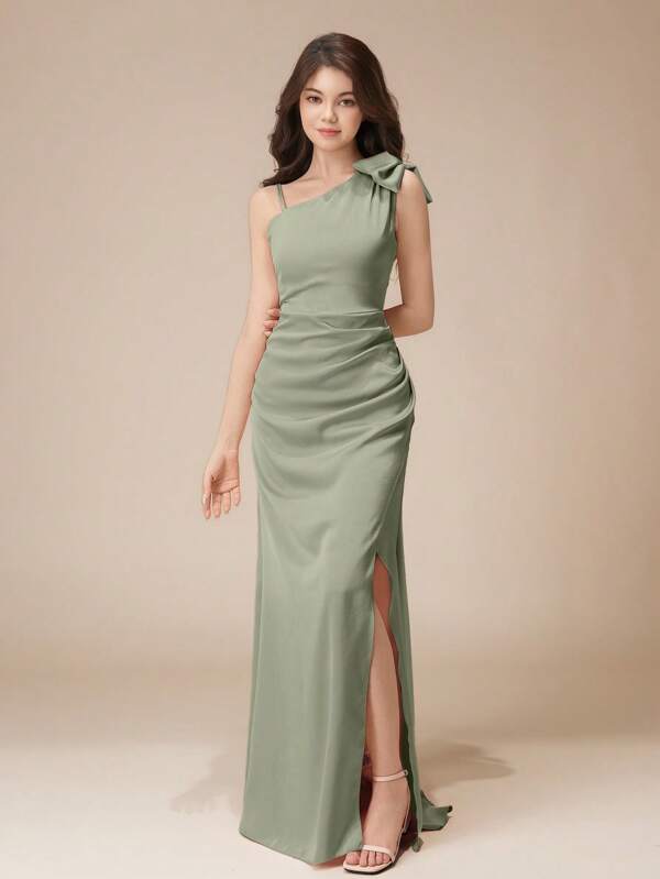 Elegant Teenage Girls' One Shoulder Bow Pleated Slit Long Dress, Suitable For Formal Occasions Like Wedding, Prom, Birthday Party, Performance