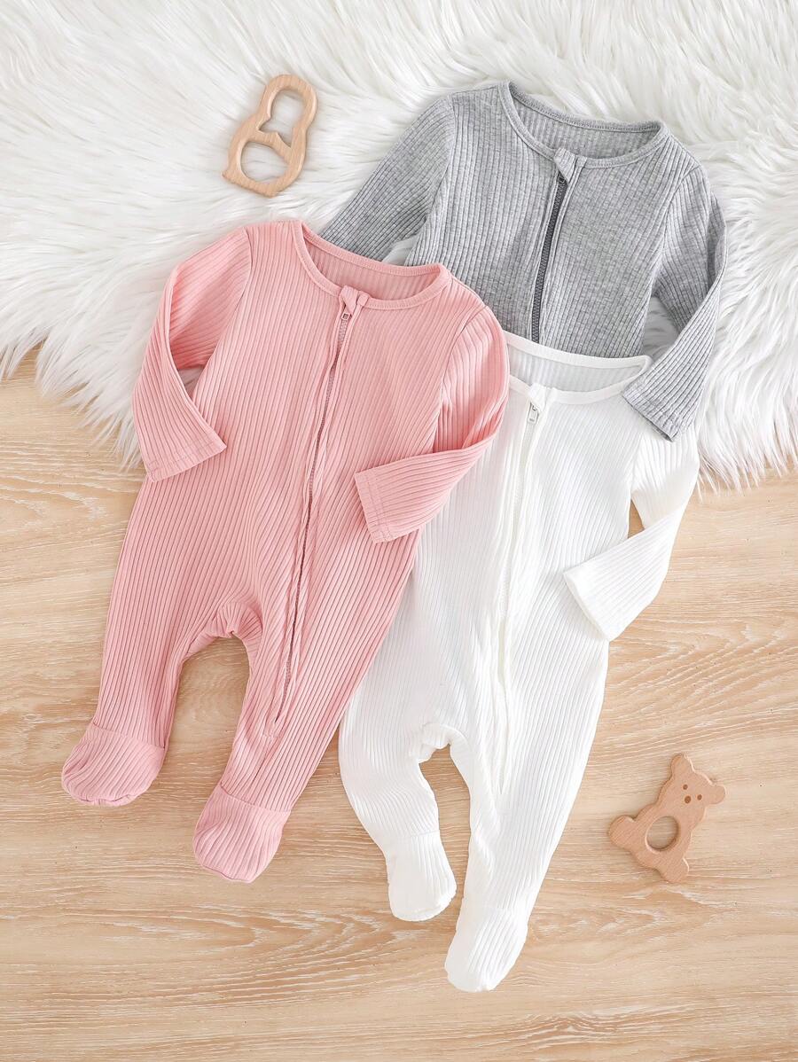 SHEIN 3pcs Newborn Baby Boy Soft Comfy Long Sleeve Zip Front Ribbed Knit Romper Set - Multicolor - View 1