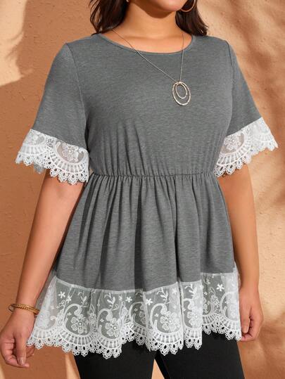 Plus Size Summer Contrast Lace Trim Short Sleeve Tunic Tops