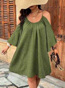 SHEIN Holidaya Plus Size V-Neck Cinched Waist Pleated Slit Flared 3/4 Sleeve Casual A-Line Midi Dress Women Women Dresses Birthday Women Plus Sun Dress Women Short Dresses Summer Women Casual Dress Women Plus Clothing Business Casual Women S White Dress Work Summer Dresses Women Dresses Elegant Gown