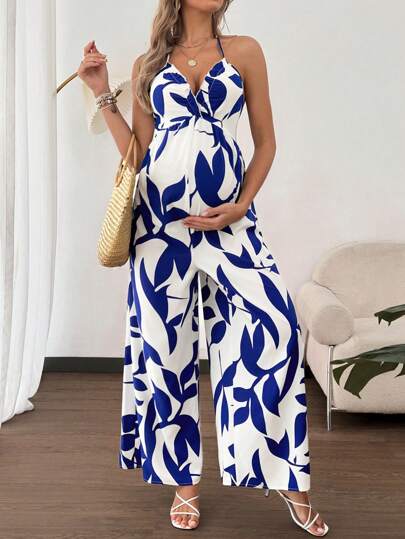 SHEIN Maternity All-Over Print Halter Backless Sleeveless Jumpsuit, Suitable For Summer