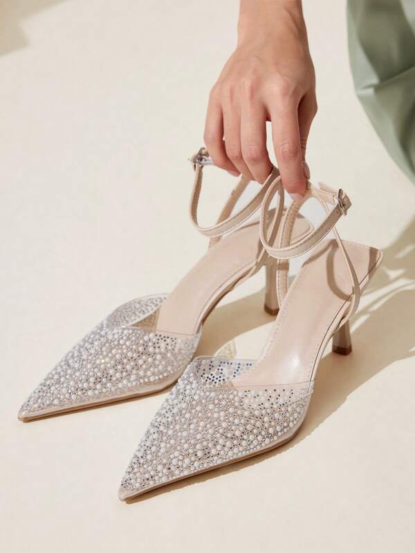CUCCOO CHICEST Women's Pearl & Crystal Embellished Transparent Strap Pointed Toe Stilettos, Sexy & Elegant Backless Pumps