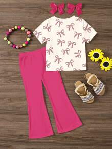 SHEIN 2 件套年轻女孩休闲卡通设计圆领短袖上衣和喇叭裤套装，夏季 - 彩色 - 查看 2