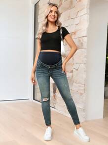 SHEIN Distressed Slim Fit Casual Maternity Jeans - Dark Wash - View 4
