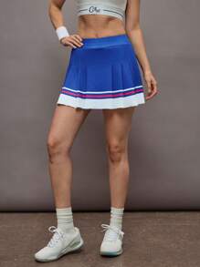 Activina Fashionable Color Block Striped Ruched Sports Skirt Shorts - Navy Blue - View 6
