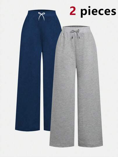 SHEIN 2 piezas/paquete para niña preadolescente, pantalón de chándal de pierna ancha, moda básica casual, adecuado para todas las estaciones