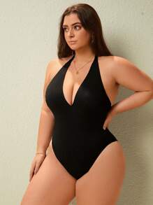 Swim Lushoire Traje de baño de una pieza con cuello de pico para tallas grandes, tela texturizada, diseño minimalista, básico para vacaciones