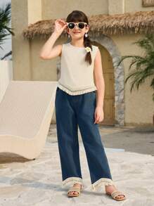 Tween Girl Textured Fabric Round Neck Sleeveless Tank Top & V-Neck Distressed Hem Pants 2 Pieces Set - Apricot - View 5