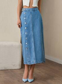 EURMUSE Button Front Denim Skirt - Blue - View 6