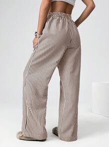 SHEIN EZwear Brown Striped Woven Casual Wide Leg Pants For Women