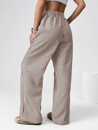 SHEIN EZwear 棕色条纹梭织休闲阔腿裤