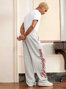 Manfinity VCAY Men's Casual Knitted Loose Ash White Straight Leg Letter Printed Pants, For Summer - Grey - View 2